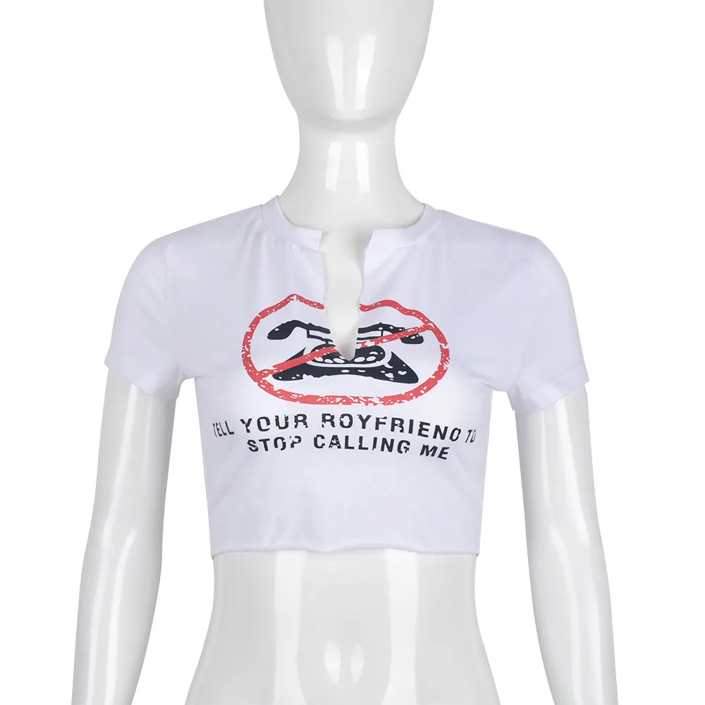 Printed Letter Short Sleeve Open Navel Street Fashion T-shirt - White