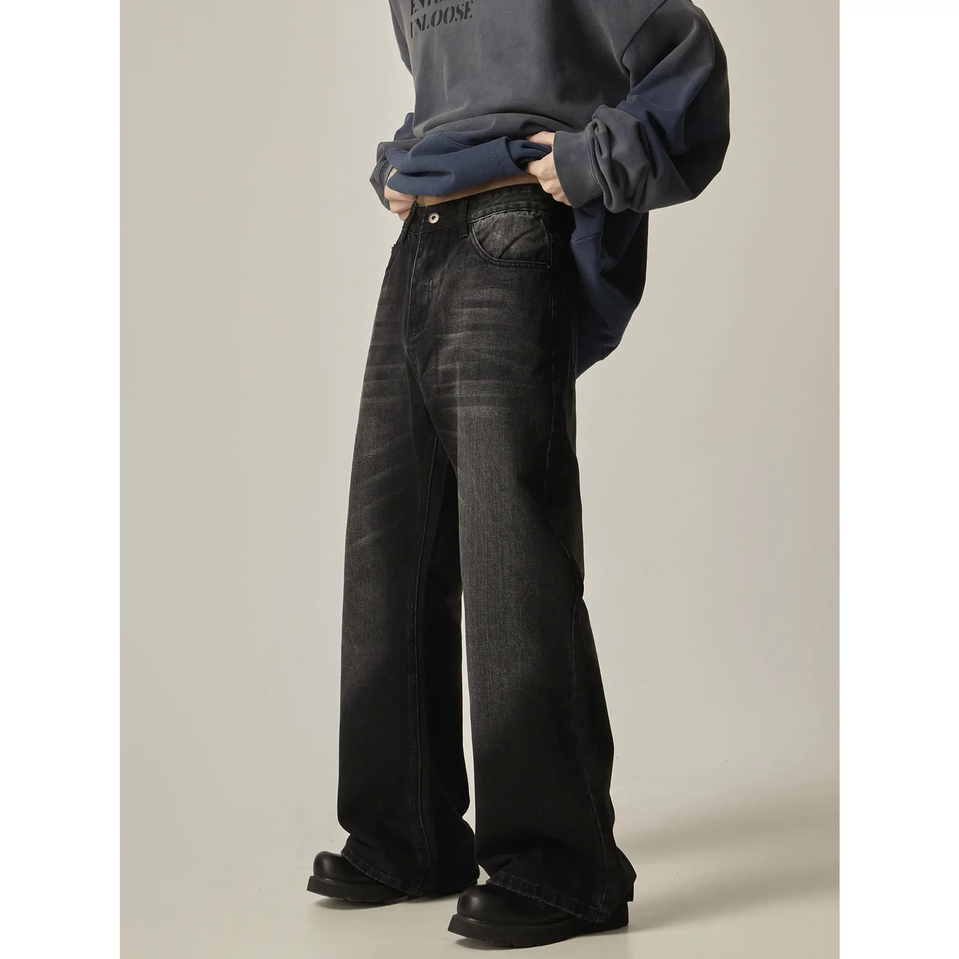 American Retro Black Loose Straight Jeans