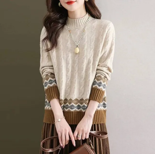 Women's Sweater Autumn And Winter New Half Turtleneck Twist Color Matching Shirt White - Shop at LoveMi
