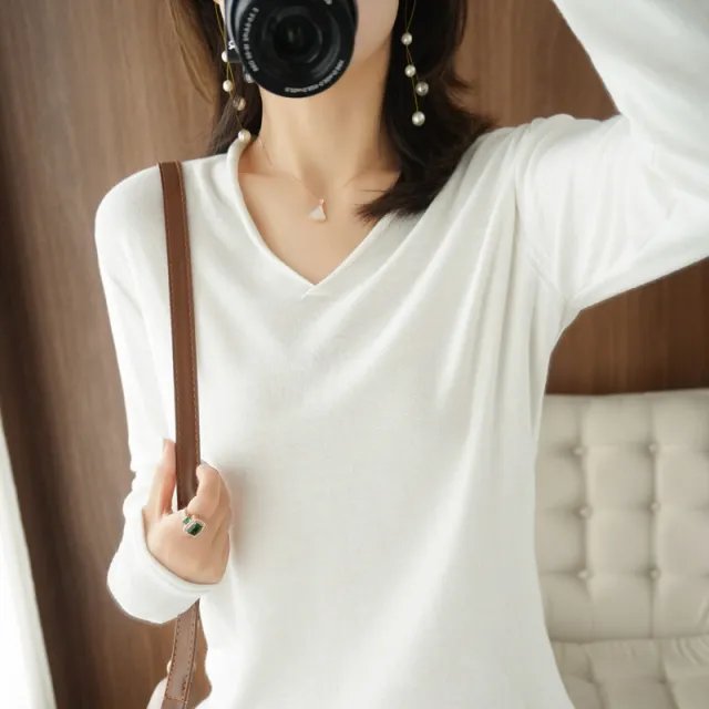 V neck Long Sleeve Women's Knitwear Top White - Shop at LoveMi