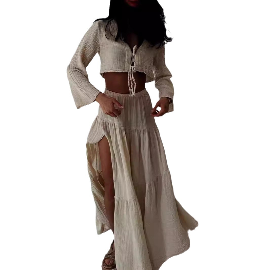 Fashion Cardigan V-neck Lace-up High Slit Cotton And Linen Two-piece Suit Skirt
