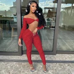 Lace Big U-neck Top Crop-top Tight-fitting Trousers Suit - Red - View 1