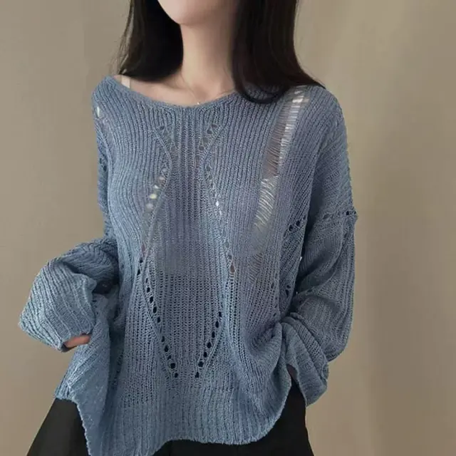 Hollow out Ice Silk Thin Long Sleeve Mid length V neck Sweater Blue - Shop at LoveMi