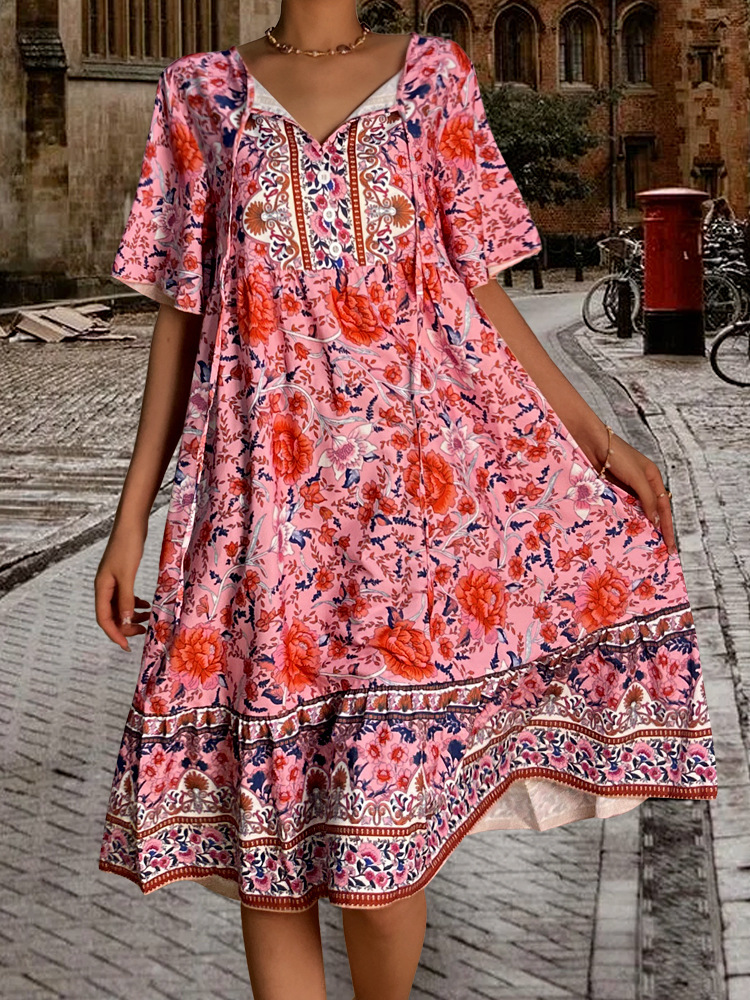 Small Floral V neck Loose Casual Bohemian Vacation Style Dress Red - Shop at LoveMi