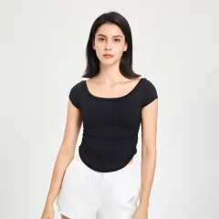 Women's Workout Clothes Tight Quick Drying Clothes Short Sleeve Feeling Yoga Clothing Top - Black - View 1