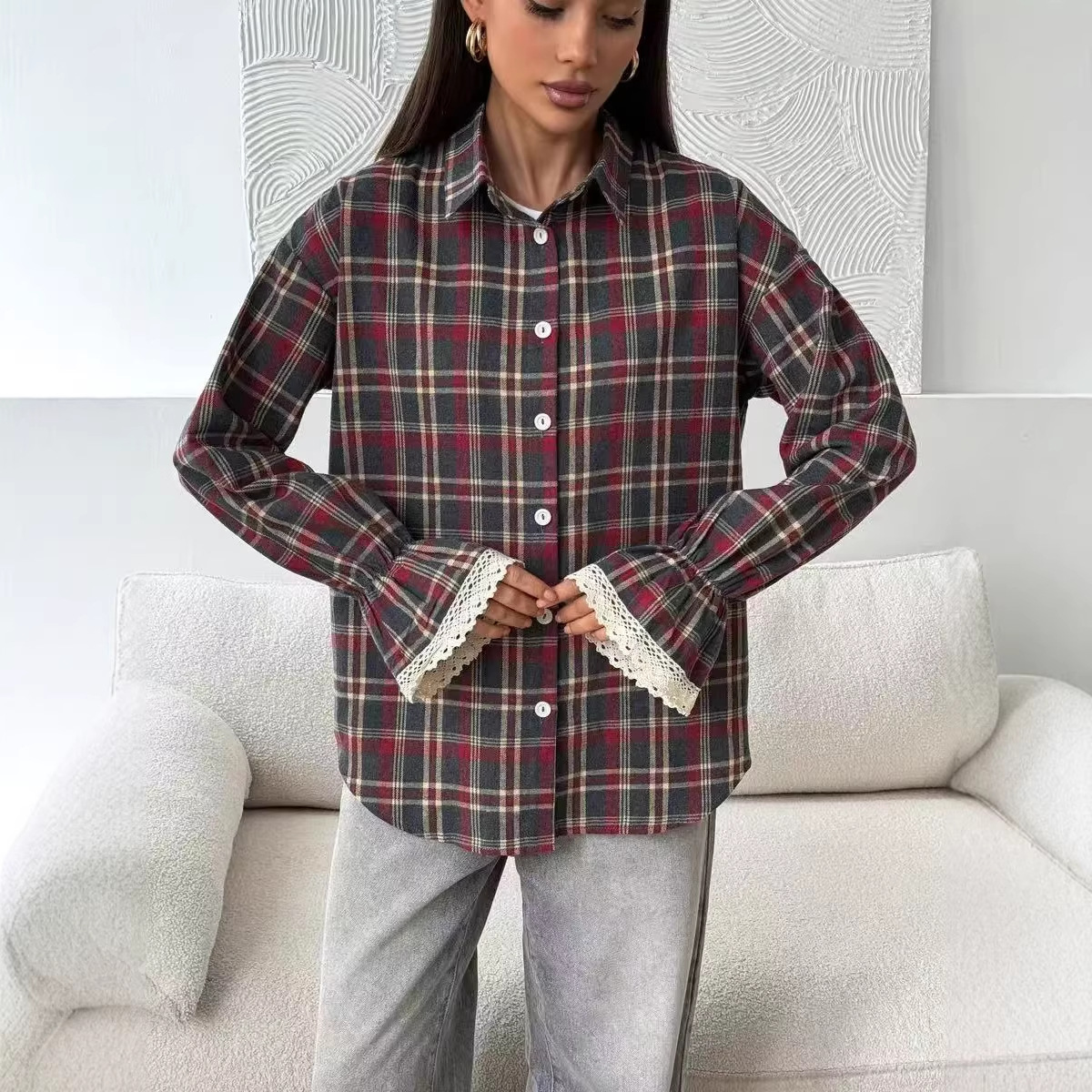 Womens Retro Loose-Fit Plaid Shirt
