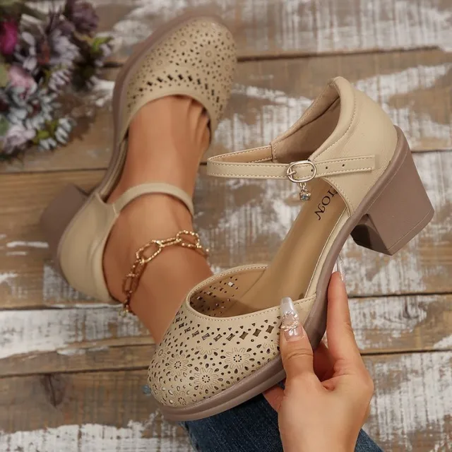New Retro Easy Matching Hollow Out Mid Heel Toe Box Ankle strap Buckle Pumps Women Brown - Shop at LoveMi