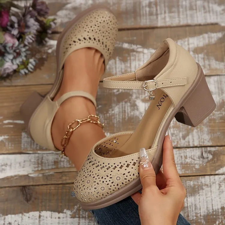 New Retro Easy Matching Hollow Out Mid Heel Toe Box Ankle-strap Buckle Pumps Women - Brown