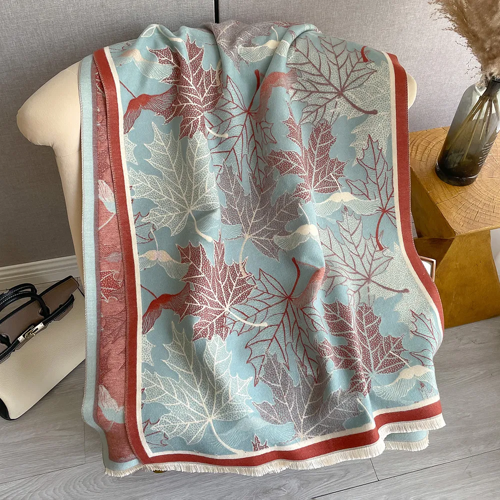 Artificial Cashmere Scarf Women's Elegant New Maple Leaf Printed Shawl - Dark Blue