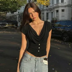 Womens Slimming Figure-flattering Short-sleeve T-shirt Cropped Top - Black - View 1