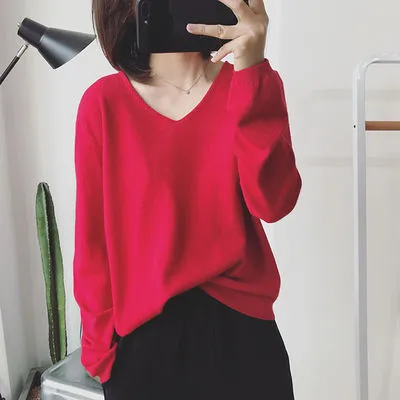 V neck Pullover Long Sleeve Sweater Red - Shop at LoveMi