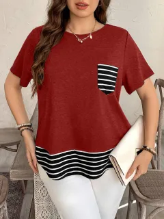 Patchwork Stripes Round Neck Loose Short Sleeves Fake Two-piece Top - Wine Red - View 1