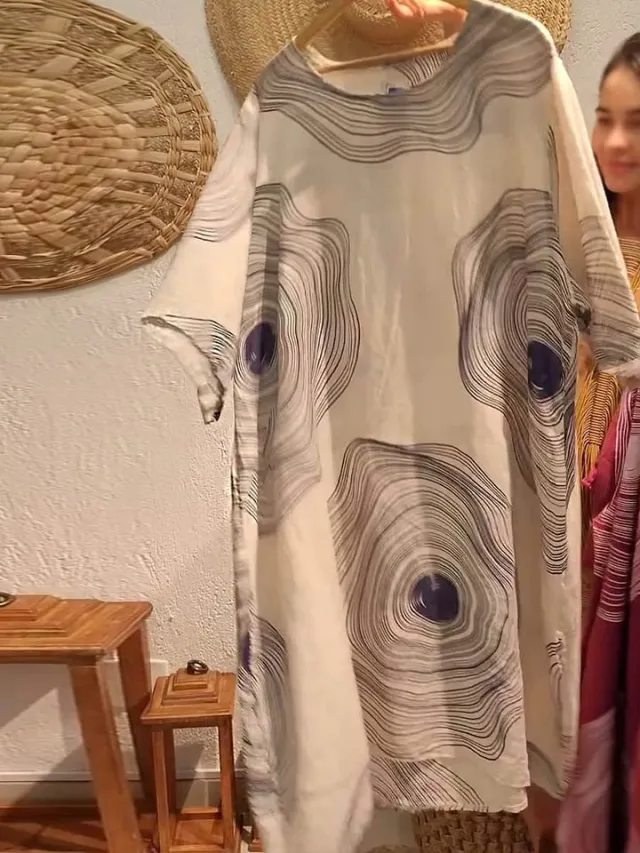 Women's Round Neck Abstract Printing Sleeve Dress Apricot - Shop at LoveMi