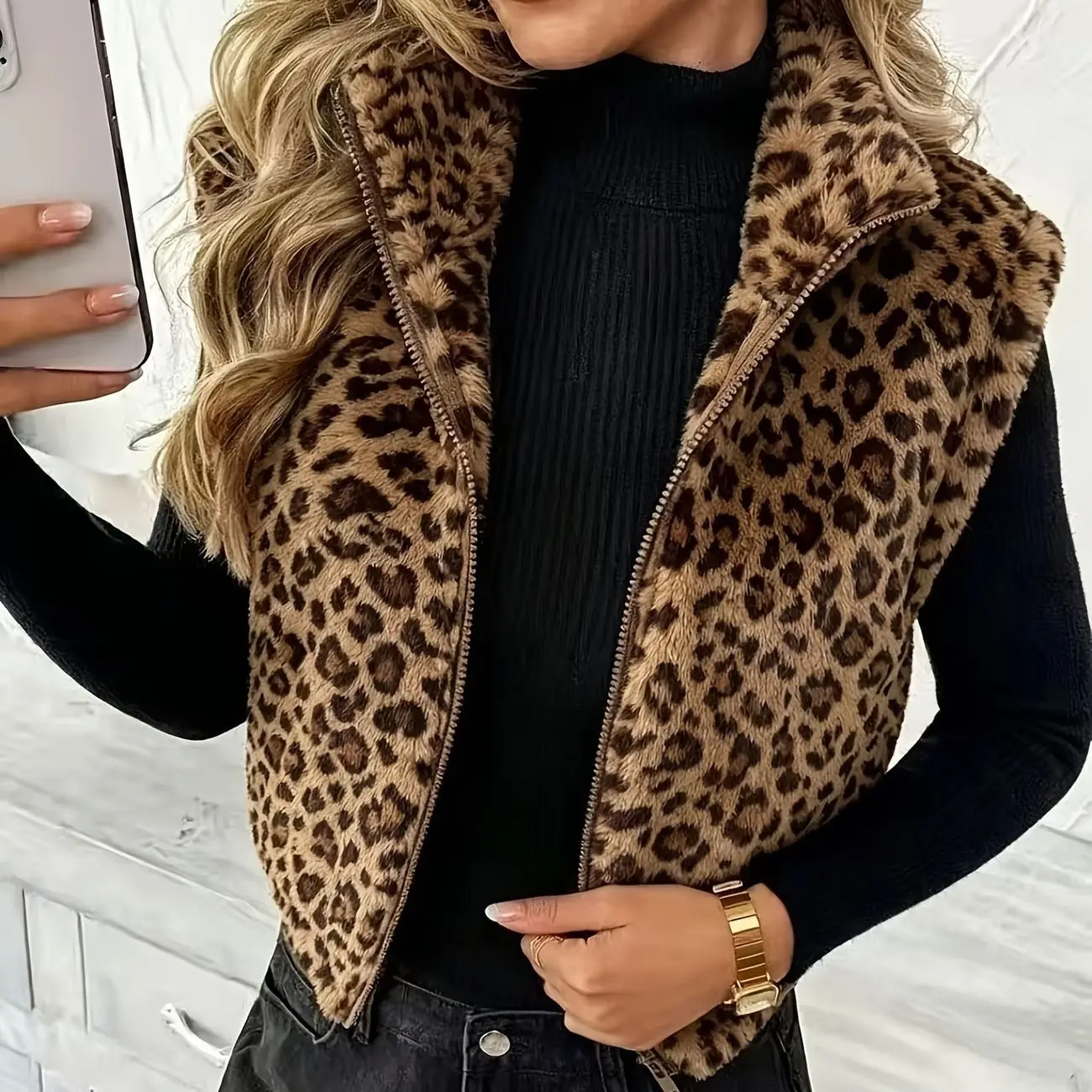 Leopard-print Sleeveless Vest Double-sided Fleece Jacket