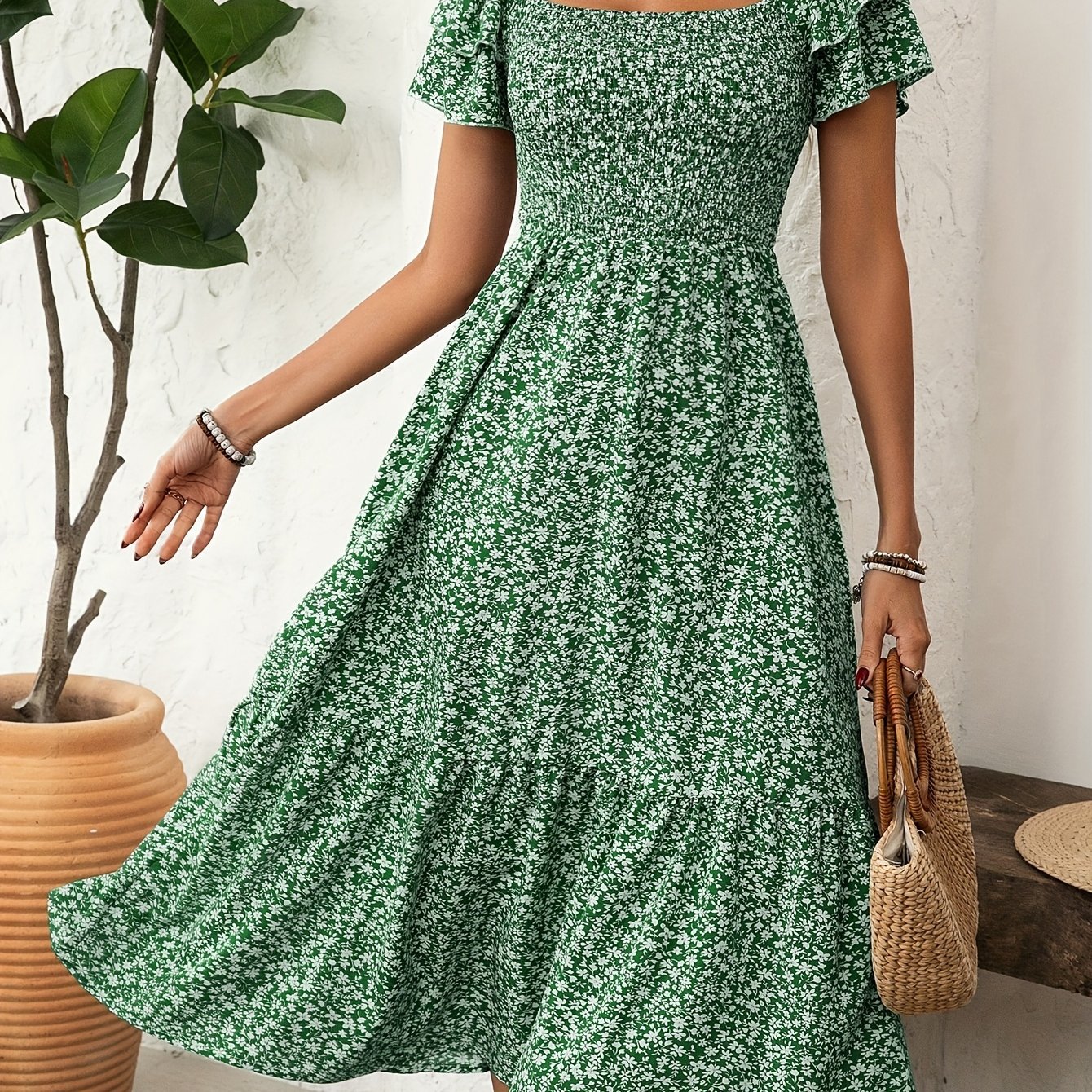 Elegant Floral Print Ruffle Hem Short Sleeve Dress For Emeraldgreen - Shop at LoveMi