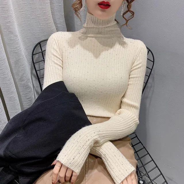 Thickened Starry Rhinestone Knitted Sweater Apricot Hot Drilling Style - Shop at LoveMi