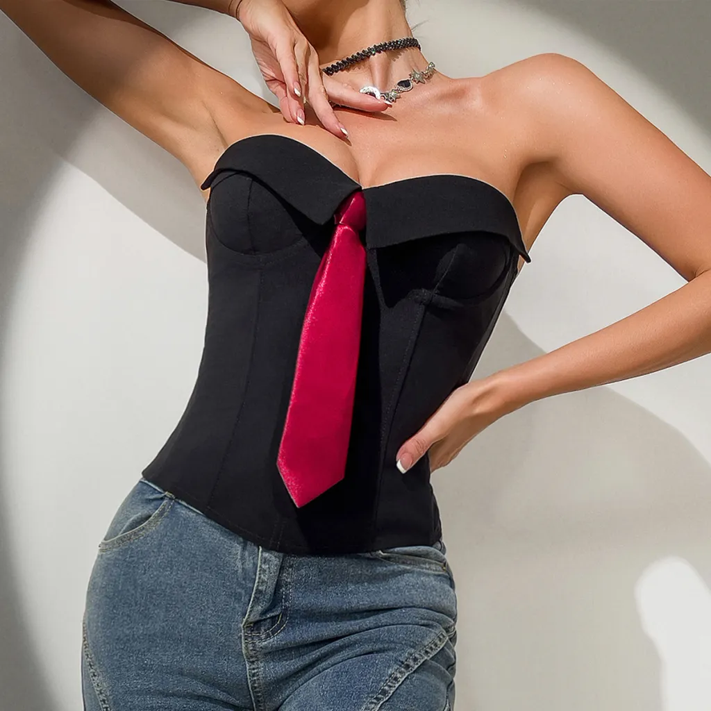 Y2k Bandeau Top With Faux-tied Design Ins Fashion Solid Color Vest For Women Clothing - Black