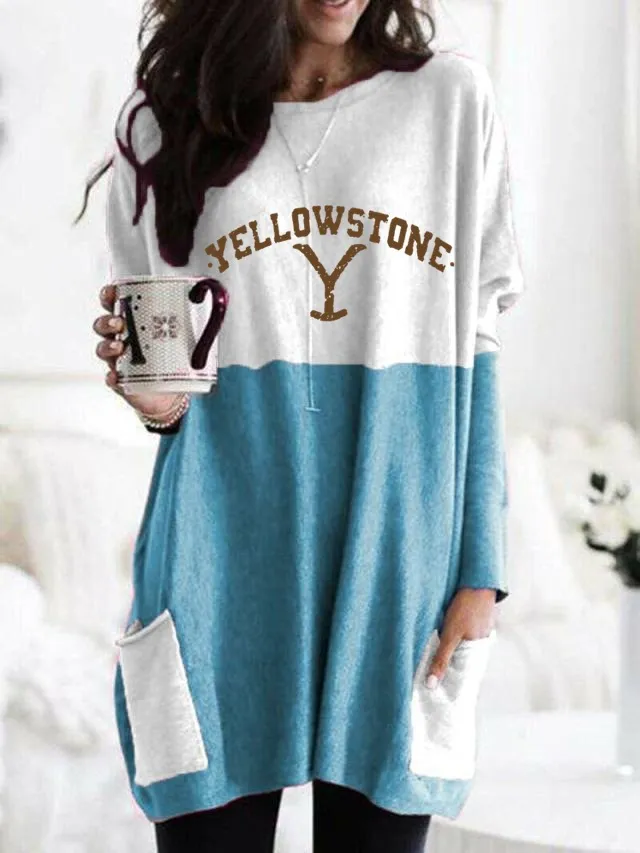 Huangshi Printed Long Sleeve Color Matching Casual Pocket T shirt Fl22091Pu - Shop at LoveMi
