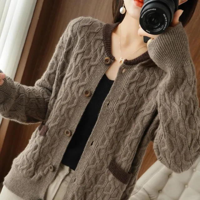 New Twisted Round Neck Cardigan Dark Camel - Shop at LoveMi
