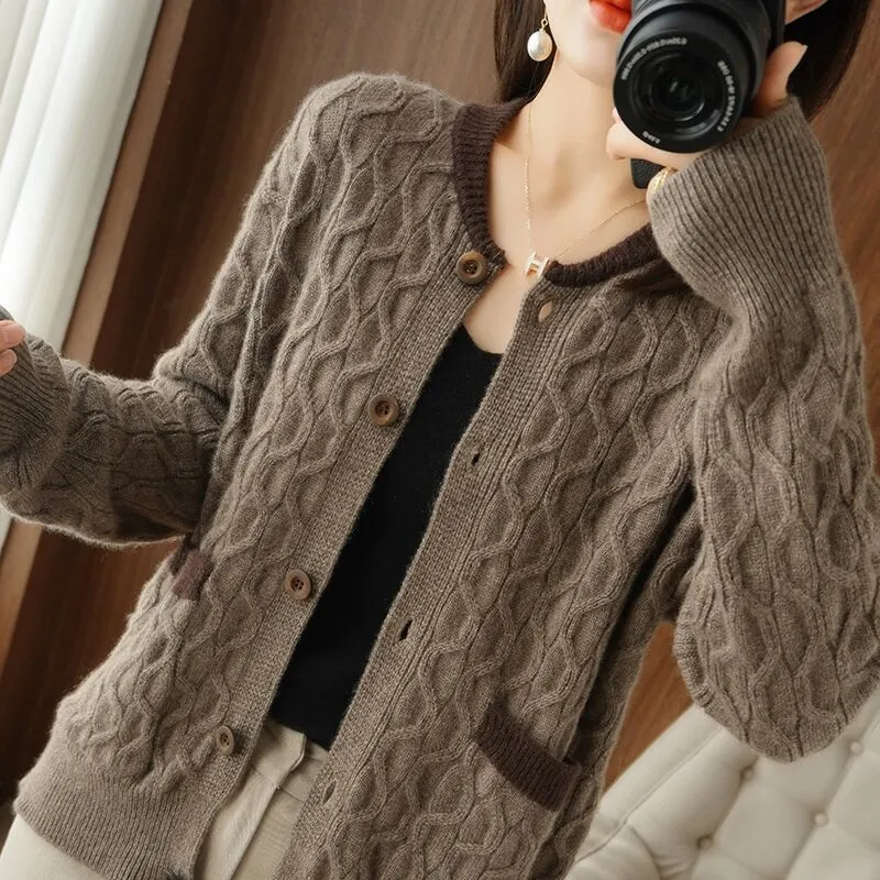 New Twisted Round Neck Cardigan - Dark Camel