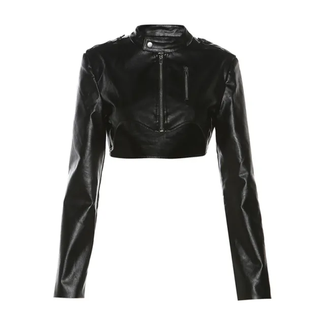 PU Leather Long sleeved Women's High Waist Short Jacket Black - Shop at LoveMi