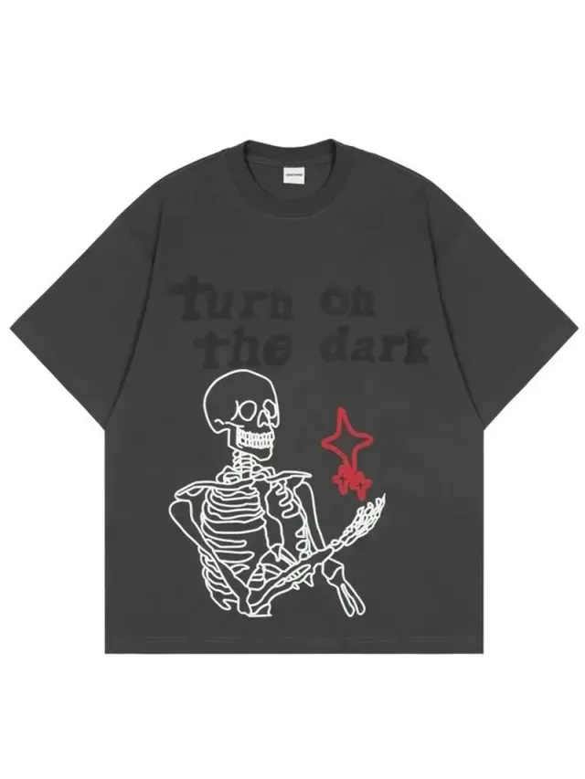 Skull Print Pure Cotton Loose T shirt Short Sleeve Top Style 6 Black - Shop at LoveMi