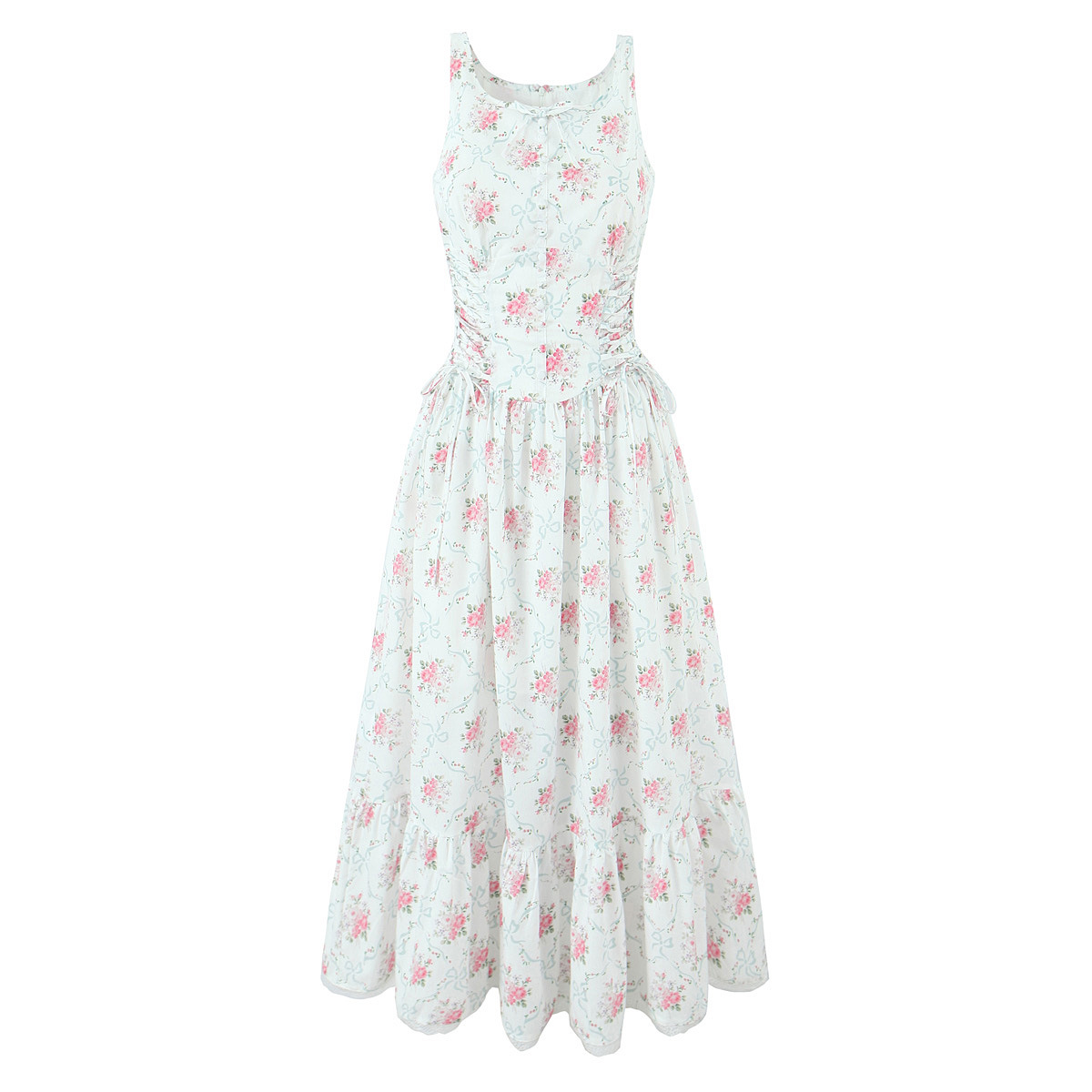 New Summer Cream Rose Printed Lace Up Mid-length Sling Dress