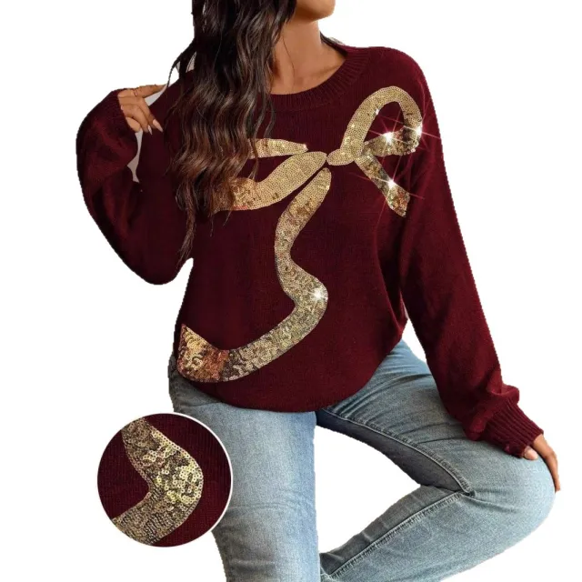 Round Neck Bowknot Sequin Embroidery Elegant Sequined Plus Size Sweater Wine Red - Shop at LoveMi