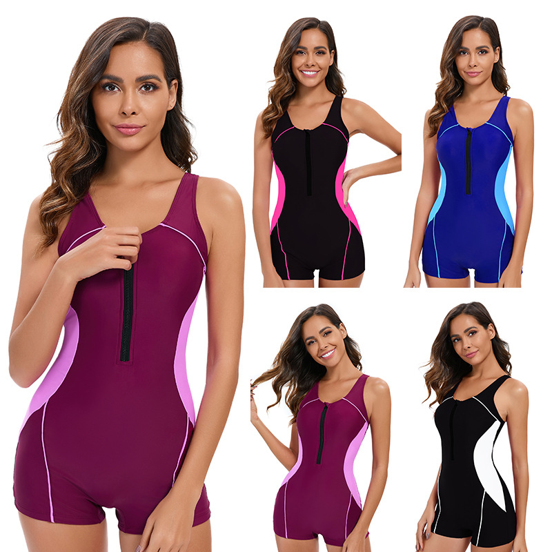 Color-blocked Boxer-style One-piece Swimsuit For Women