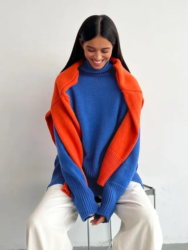 Half Turtleneck Commuter Solid Color Knitted Pullover Sweater Blue - Shop at LoveMi