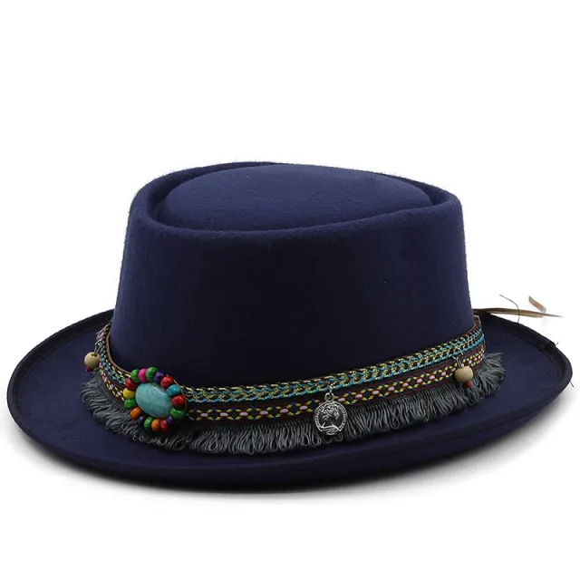 Women's Flat Top Flat Brim Woolen Hat Navy Blue - Shop at LoveMi