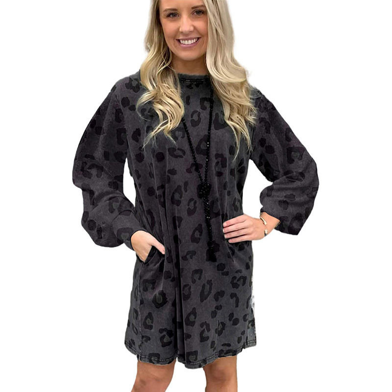 Women's Autumn Leopard Print Pocket Sweatshirt Dress Leopard - Shop at LoveMi