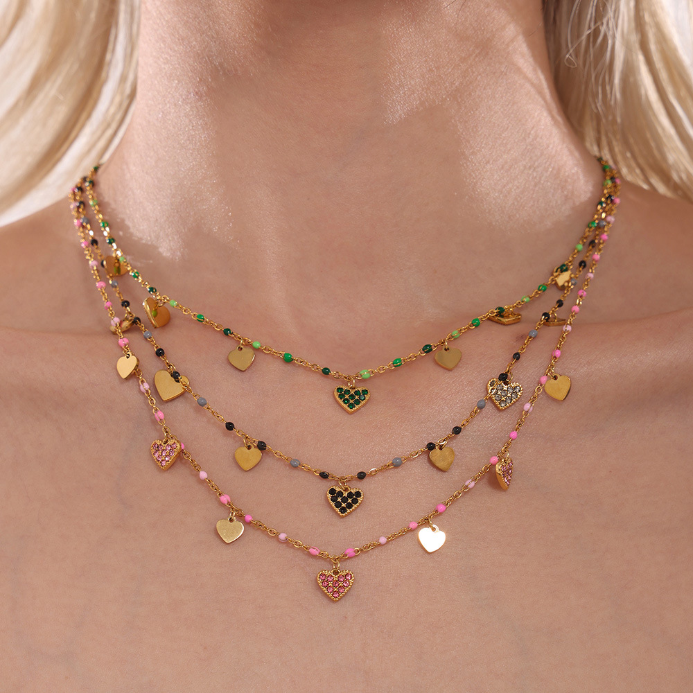 Iridescent Zircon Titanium Steel Necklace Heart Collarbone Chain