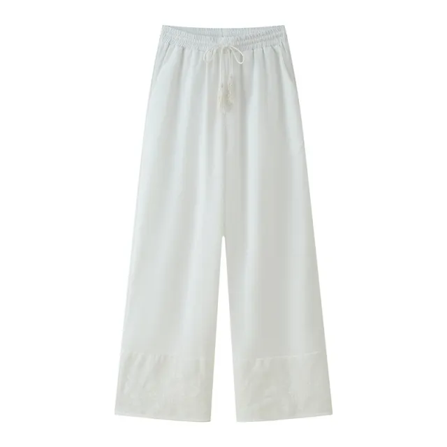 Women's Cotton And Linen Tassel Lace up Embroidered Shirt Embroidered Trousers Pants - Shop at LoveMi