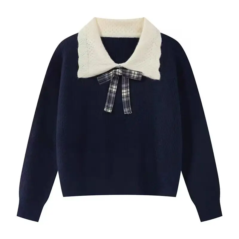 FallWinter Preppy-Style Color-Block All-Match Peter Pan Collar Sweater For Women