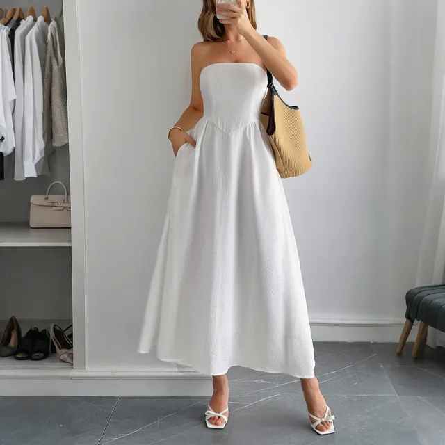 European And American Elegant Tube Top A Line Dress Dress White - Shop at LoveMi