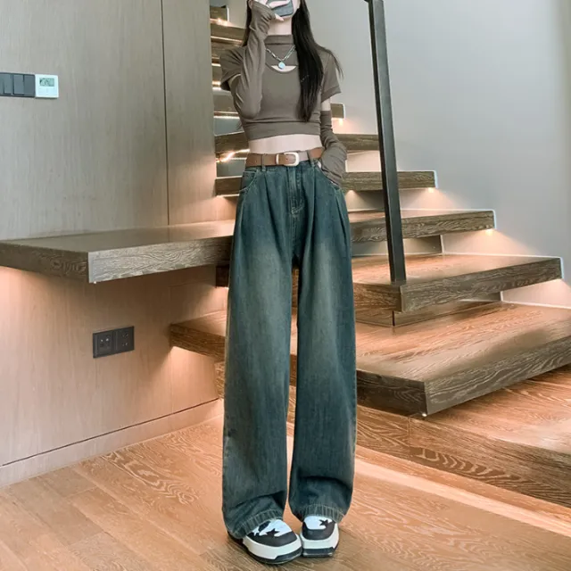 Korean Style Wide leg Jeans High Waist Loose Pleated Straight Mop Cement Gray Trousers - Shop at LoveMi