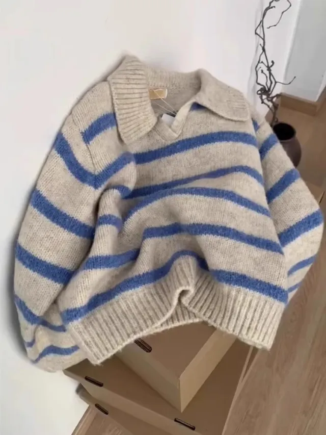Blue Striped Polo Lapel Long Sleeve Soft Glutinous Sweater Stripes - Shop at LoveMi