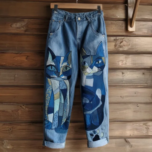 New 3D Heat transfer Printed Flared Jeans style Trousers In Faux Denim Red - Shop at LoveMi