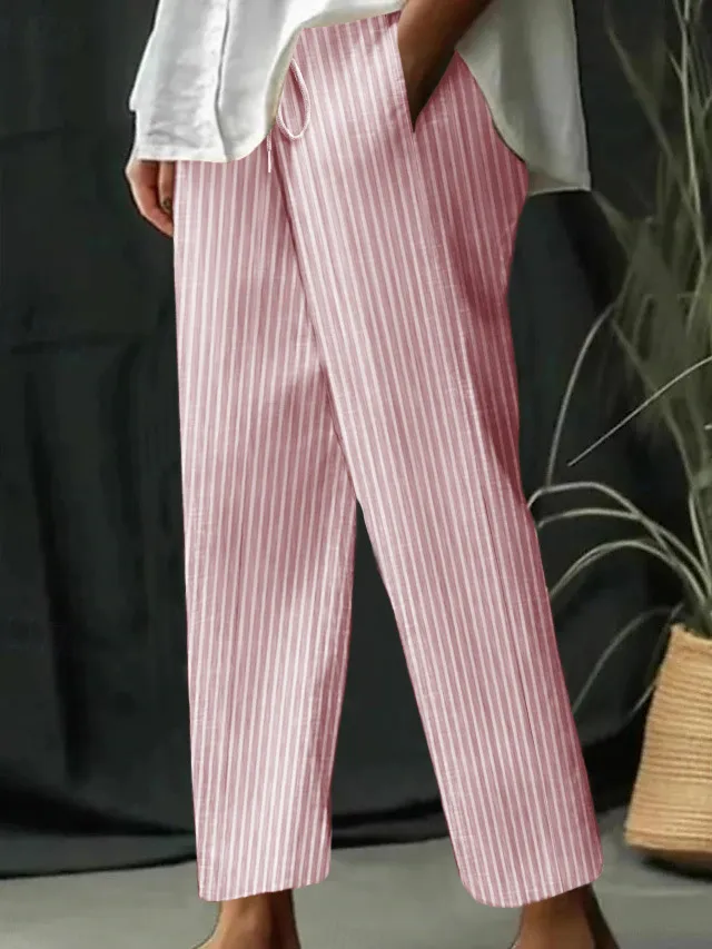 Casual Homewear Pants New Striped Solid Color Cotton And Linen Loose Trousers Pink - Shop at LoveMi