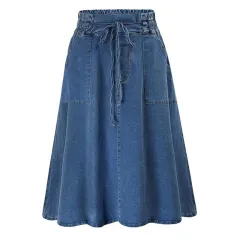 Waist Belt Slip-in Casual Denim Skirt - Blue - View 1