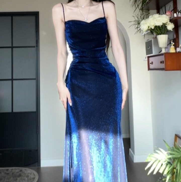 Bright Silk Blue Suspenders Bright Silk Sling Dress Women