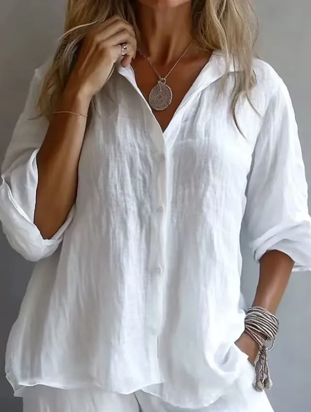 Spring Women's Solid Color Linen Long Sleeve Casual Shirt White - Shop at LoveMi
