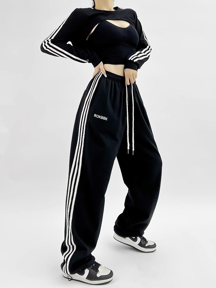 Embroidered wide-leg sweatpants, model wearing lifestyle photo showing complete athleisure styling