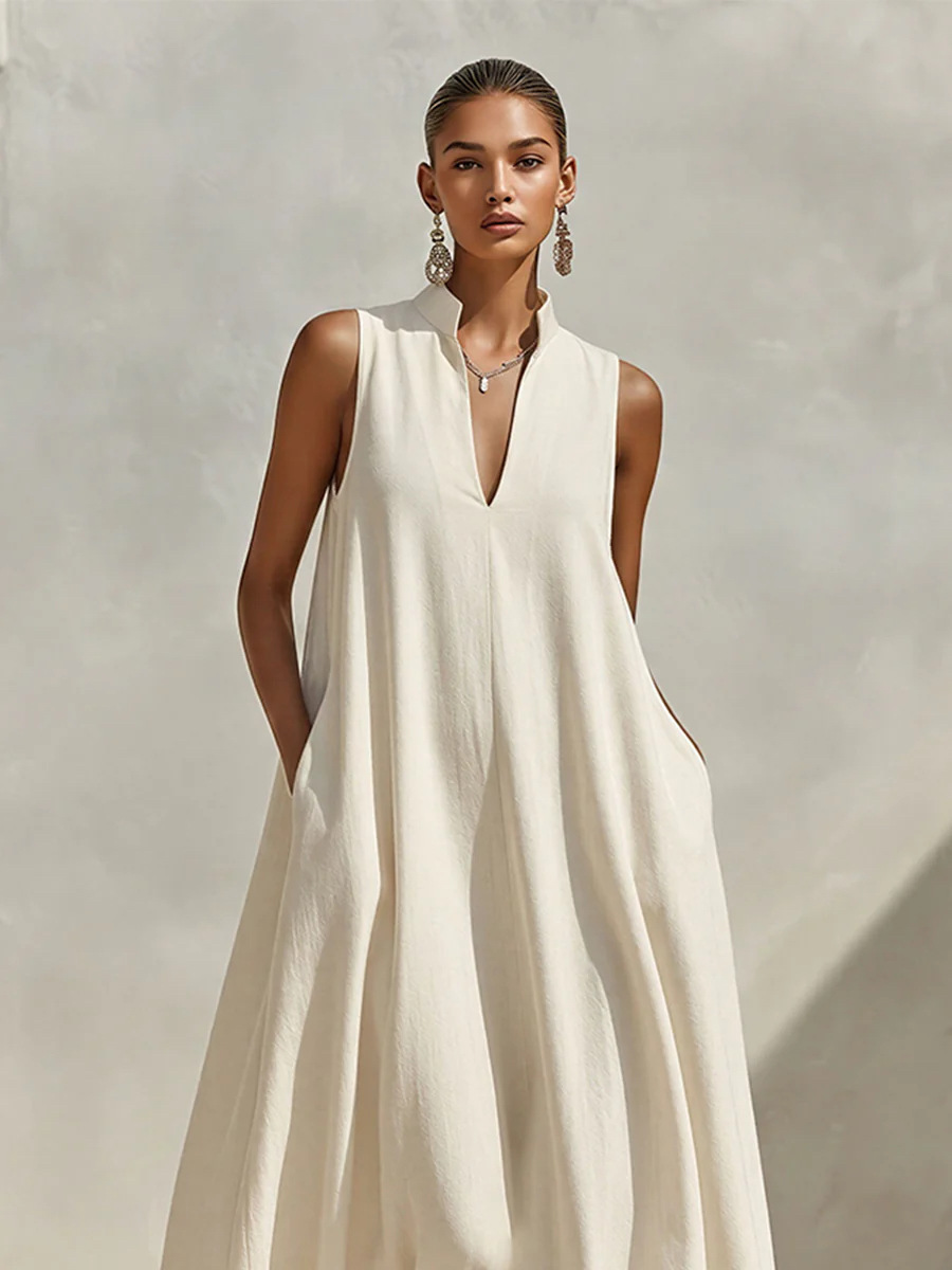Linen blend sleeveless stand-collar maxi dress White colorway – women's loose fit boho casual summer dress