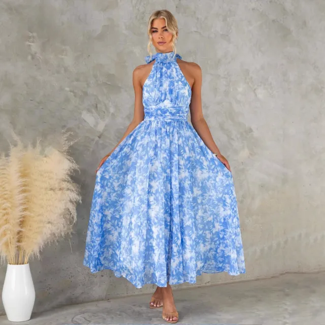 Women's Holiday style Sleeveless Printed Backless Dress Blue - Shop at LoveMi