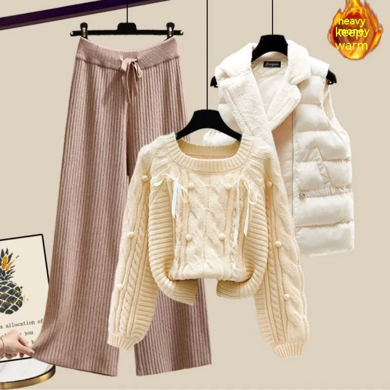 Three-piece Vest Thickened Sweater Wide-leg Pants Women's Suit - Set12-Xl