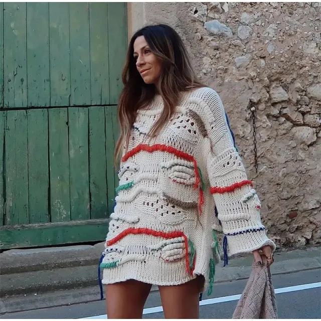 Personality Street Round Neck Tassel Color Matching Knitted Long Sleeve Women'S Color Matching Sweater - Shop at LoveMi