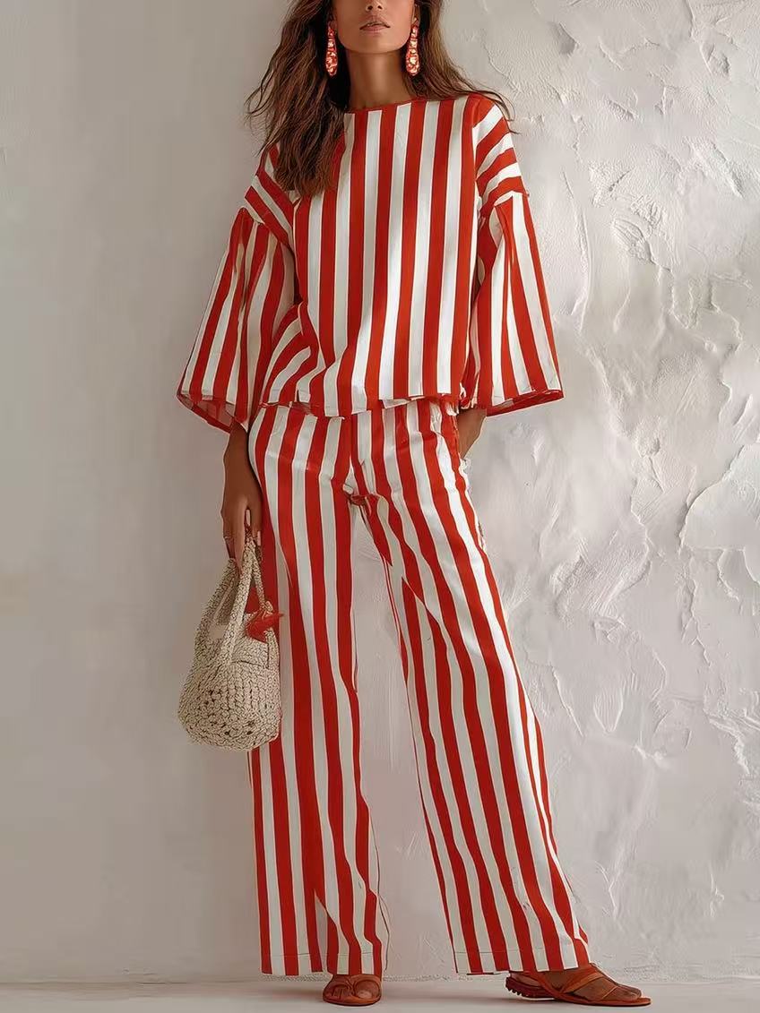 Western-style Womens Striped Set With Three-quarter-length Sleeves And A Relaxed Fit