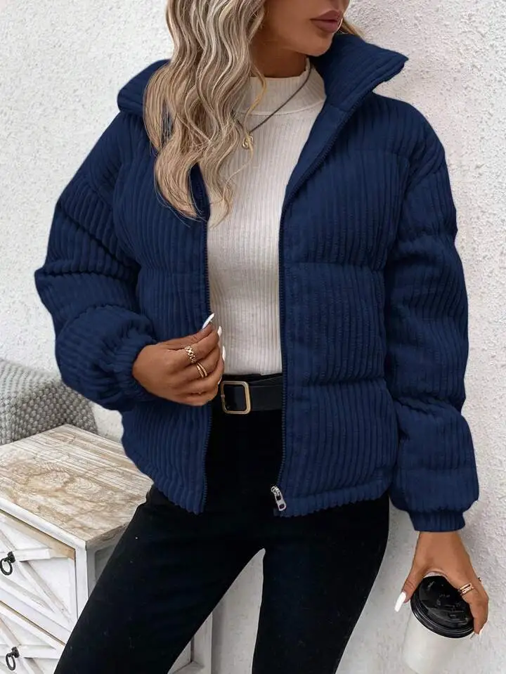 Women's Thickened Plus Size Short Corduroy Cotton Coat Jacket - Navy Blue